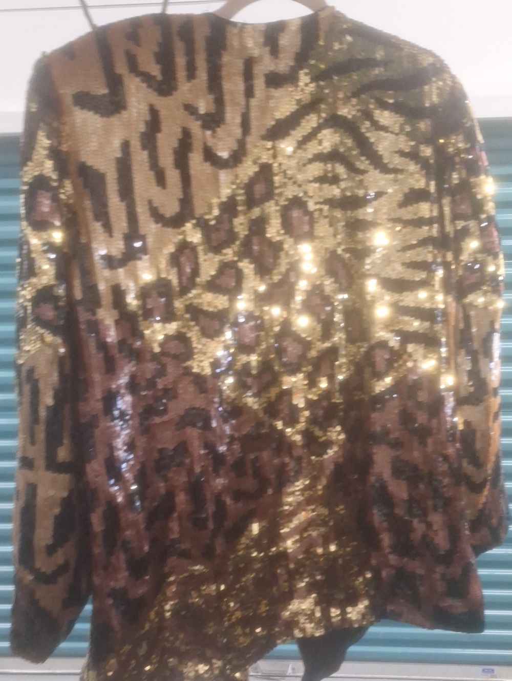 French Connection Gold and Brown Sequin Animal Print Blazer Sequin Sz XL